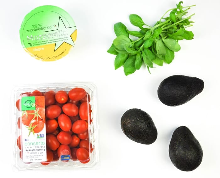 Avocado Caprese Salad Ingredients: Mozzarella Cheese, Basil, Tomatoes, Avocado
