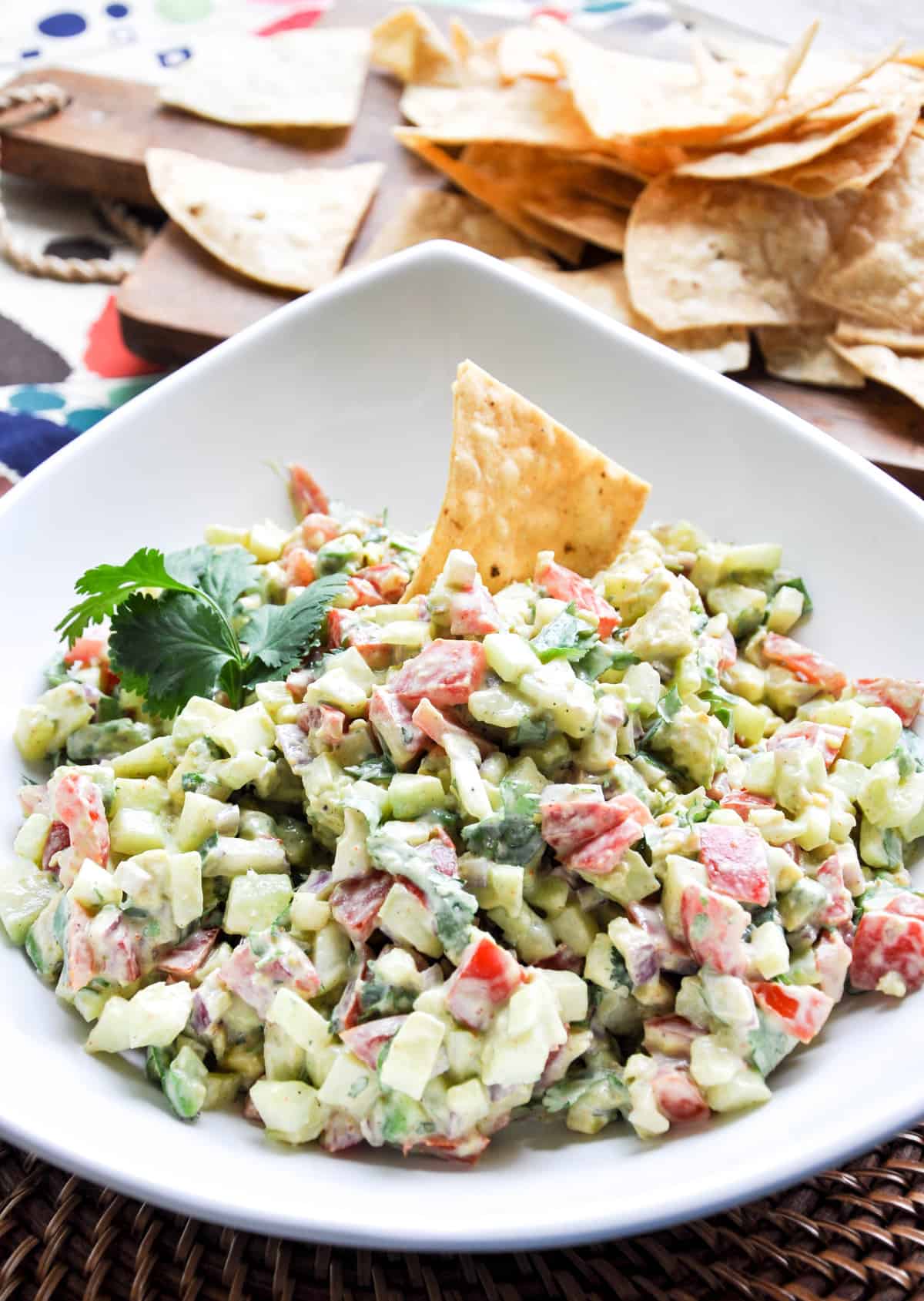 This Creamy Cucumber Salsa is soooooo good! It combines cucumber, tomato, red onion, garlic and avocado with a velvety sour cream mixture. Divine! 